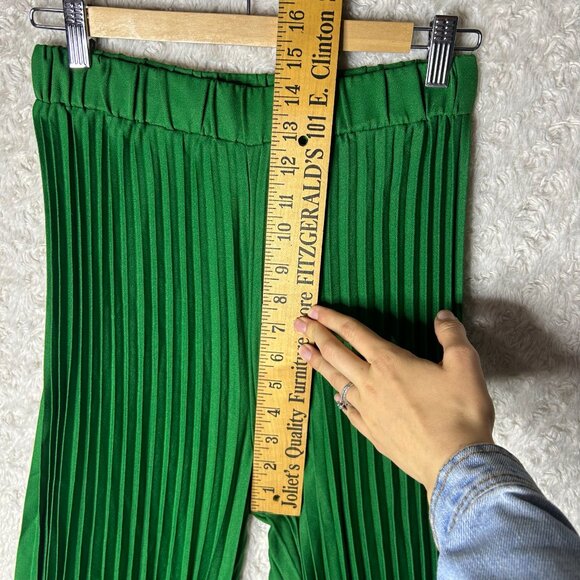 Bright Green Flared Funky Pants. Ribbed, Flowy Pants with Stretchy Waistband - Picture 5 of 7